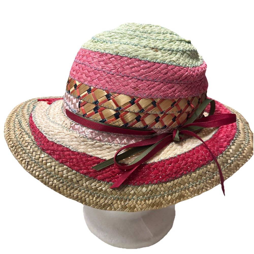 Vtg Miriam Lefcourt Straw Womens Hat Made in Italy Colorful Vibrant Vintage Pink